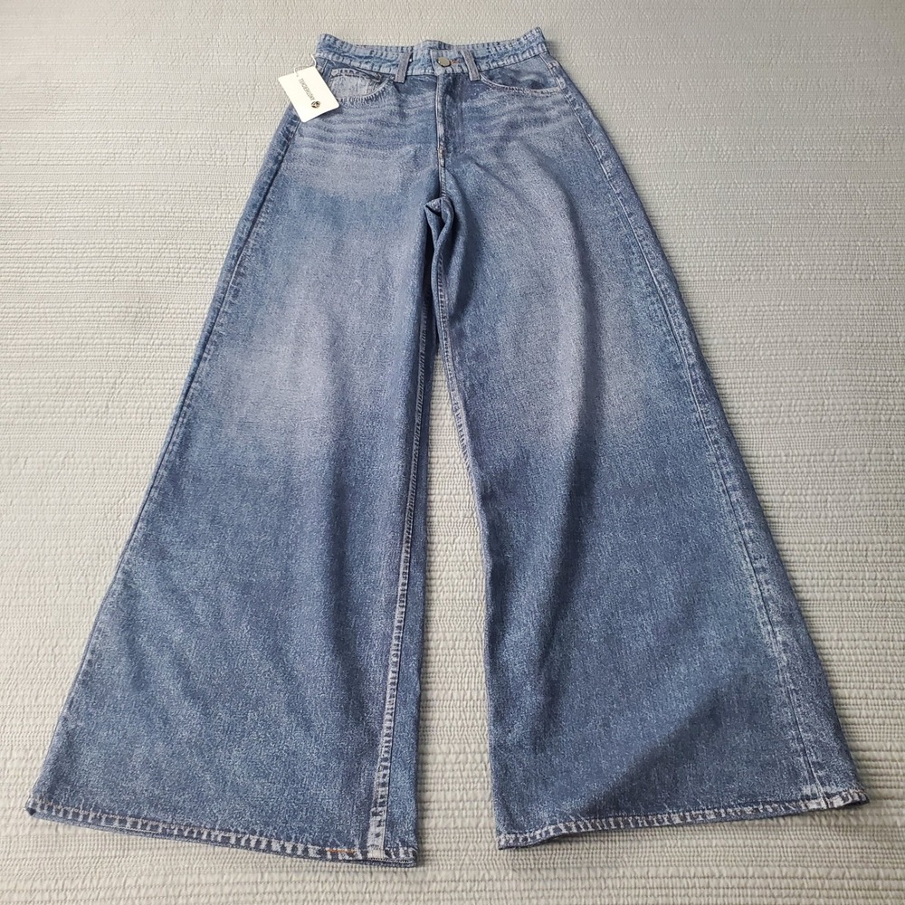 AnotherChill Yoga Pants Womens S Blue Printed Denim Look High Rise Wide Leg